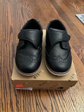 Kids Black Leather Dress Shoes with Hook-and-Loop Strap